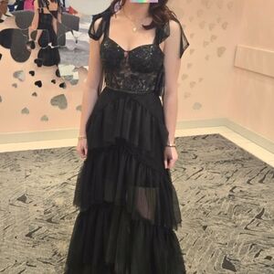 Black Tiered Tulle Formal Dress Corset Bodice Sheer Layered Maxi Gown